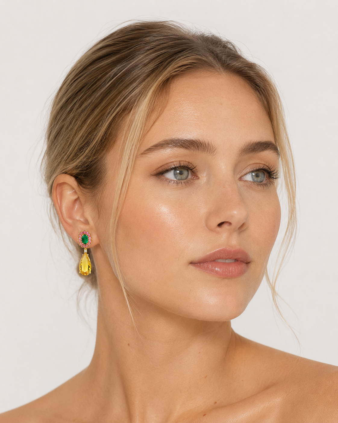Yellow, Emerald & Light Rose Crystal Drop Earrings