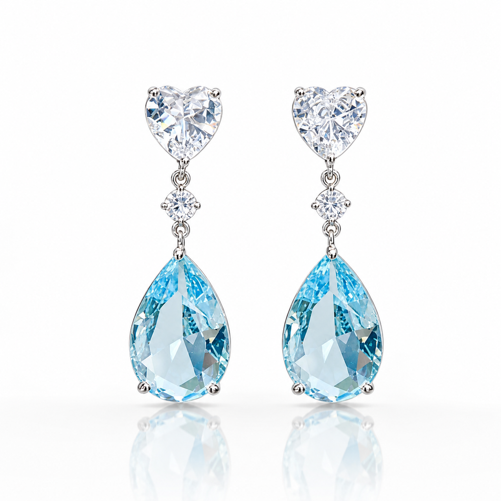 Crystal Heart & Aqua Drop Earrings