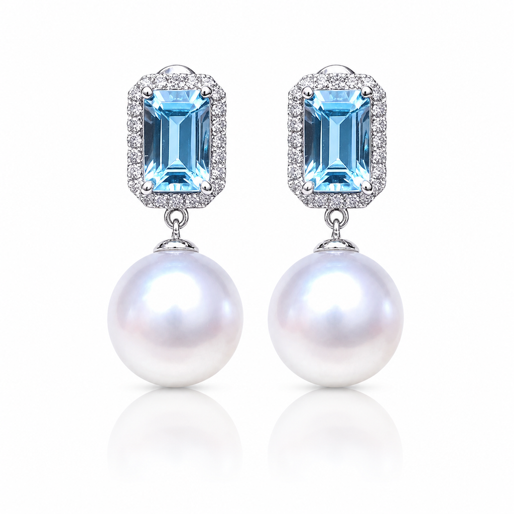 Aqua Crystal & Pearl Drop Earrings