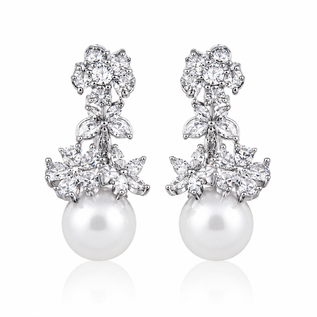 Crystal Flower & Pearl Drop Earrings