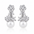 Crystal Flower & Pearl Drop Earrings