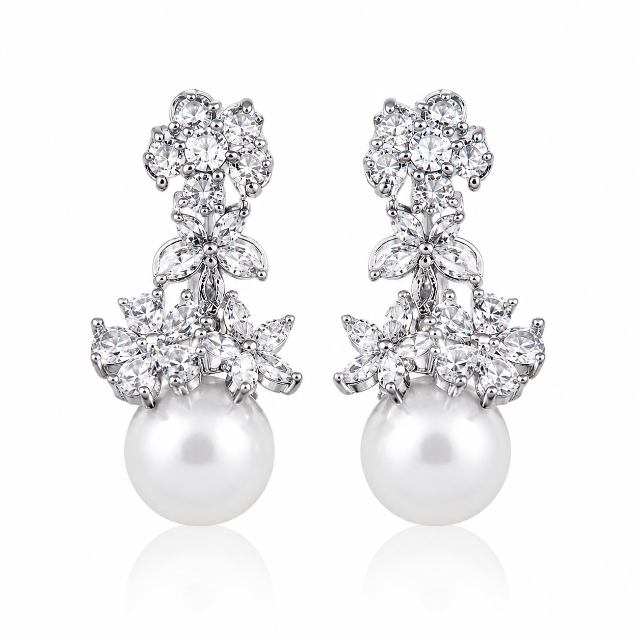 Crystal Flower & Pearl Drop Earrings