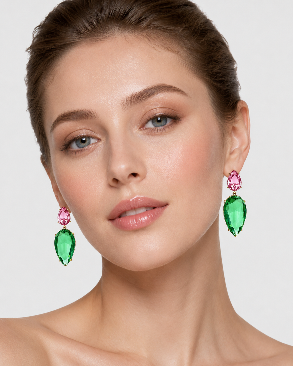 Green & Pink Crystal Drop Earrings