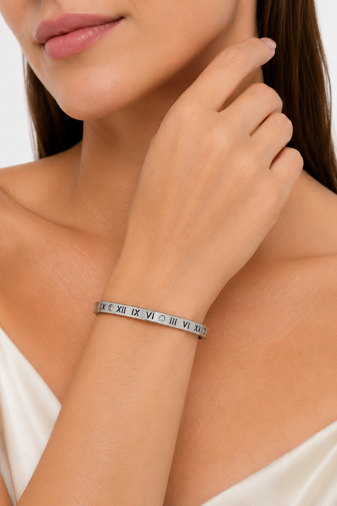 Roman Numeral Silver & Crystal Bangle