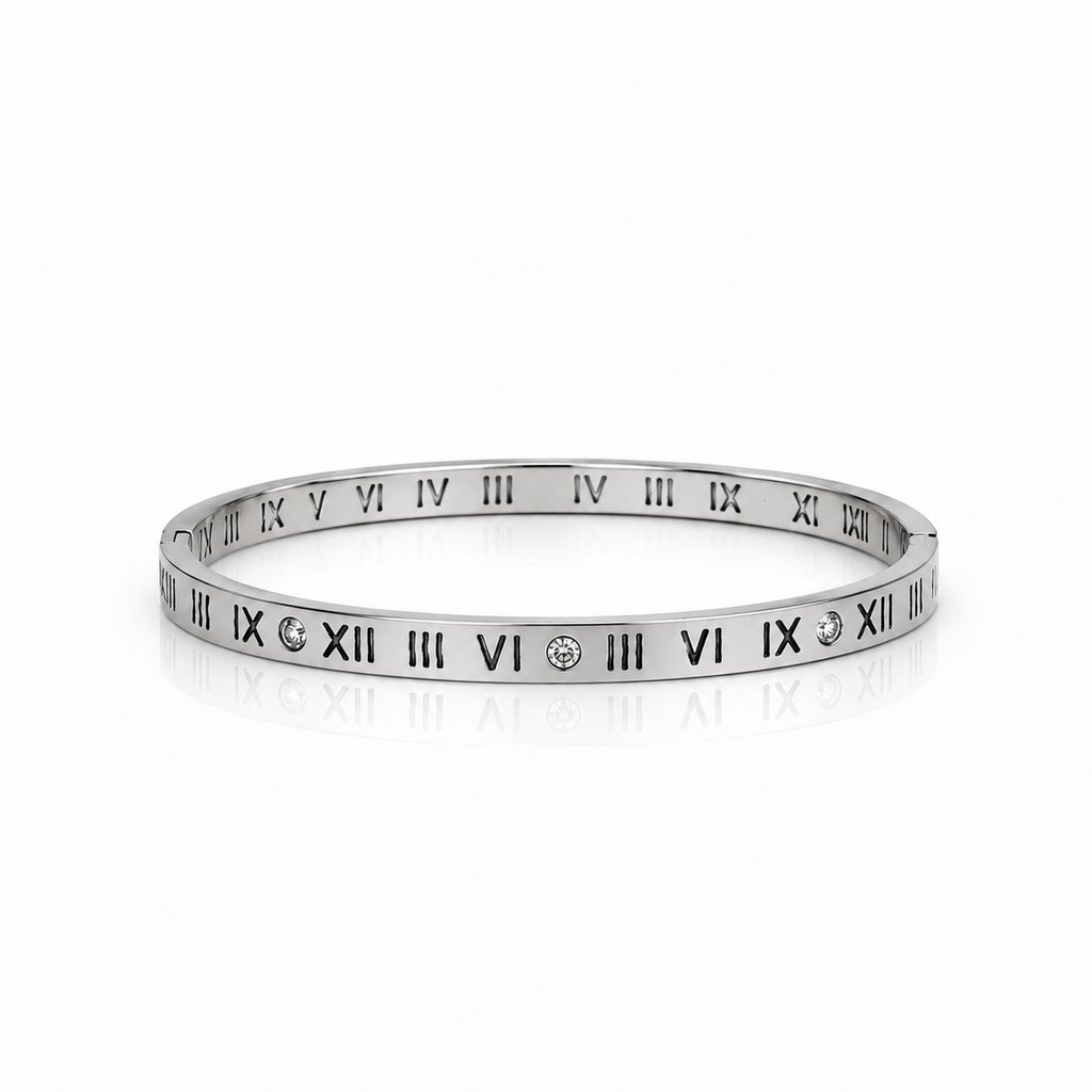 Roman Numeral Silver & Crystal Bangle