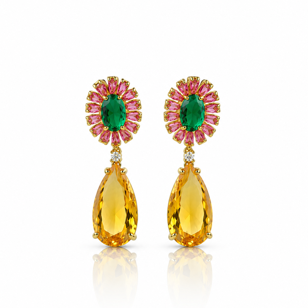 Yellow, Emerald & Light Rose Crystal Drop Earrings